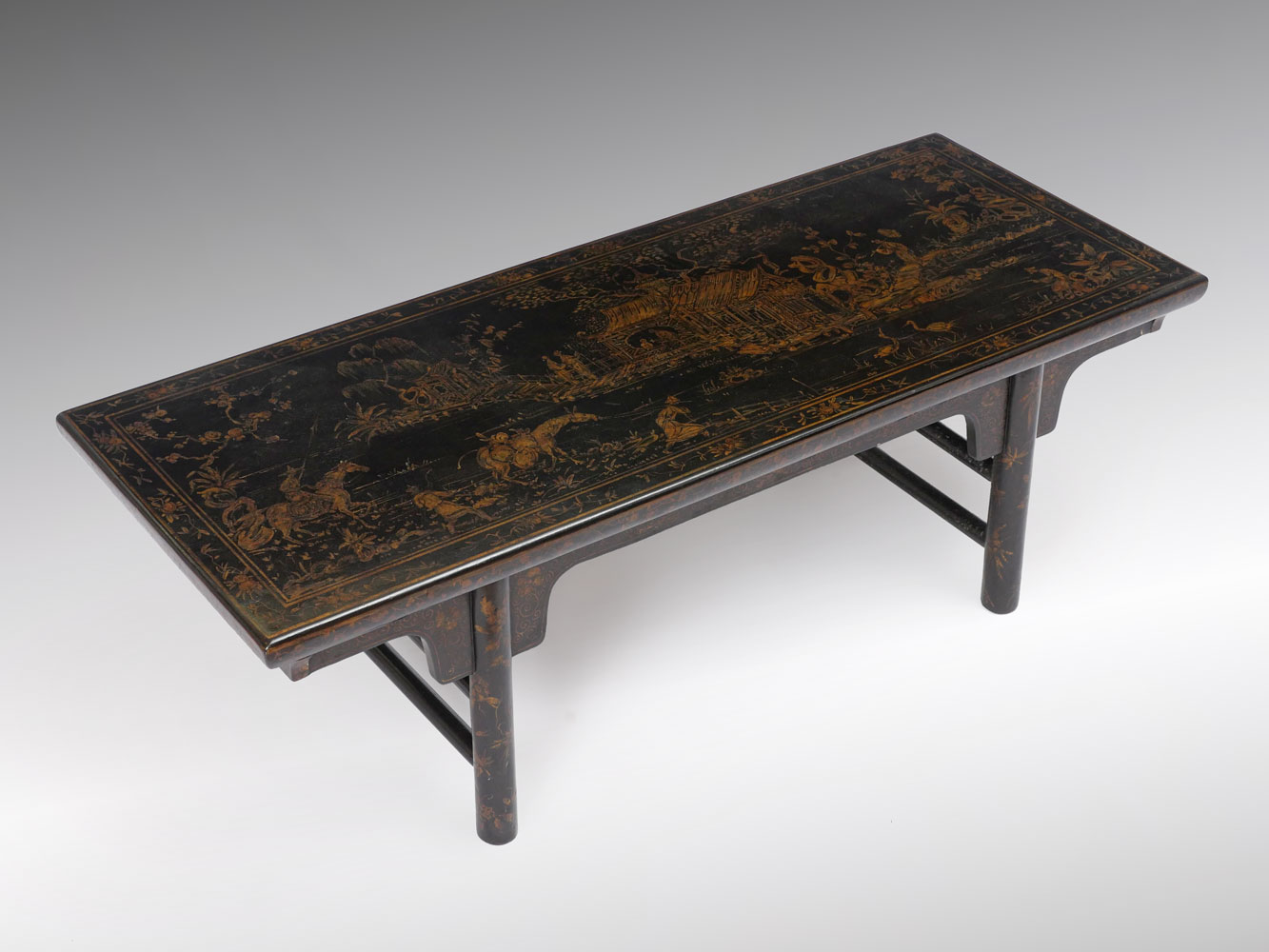 Appraisal: CHINOISIERE DECORATED LOW TABLE Black lacquered low table having a