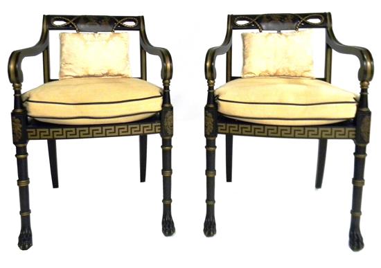 Appraisal: Pair Renaissance Revival armchairs ebonized and gilt banded frames top