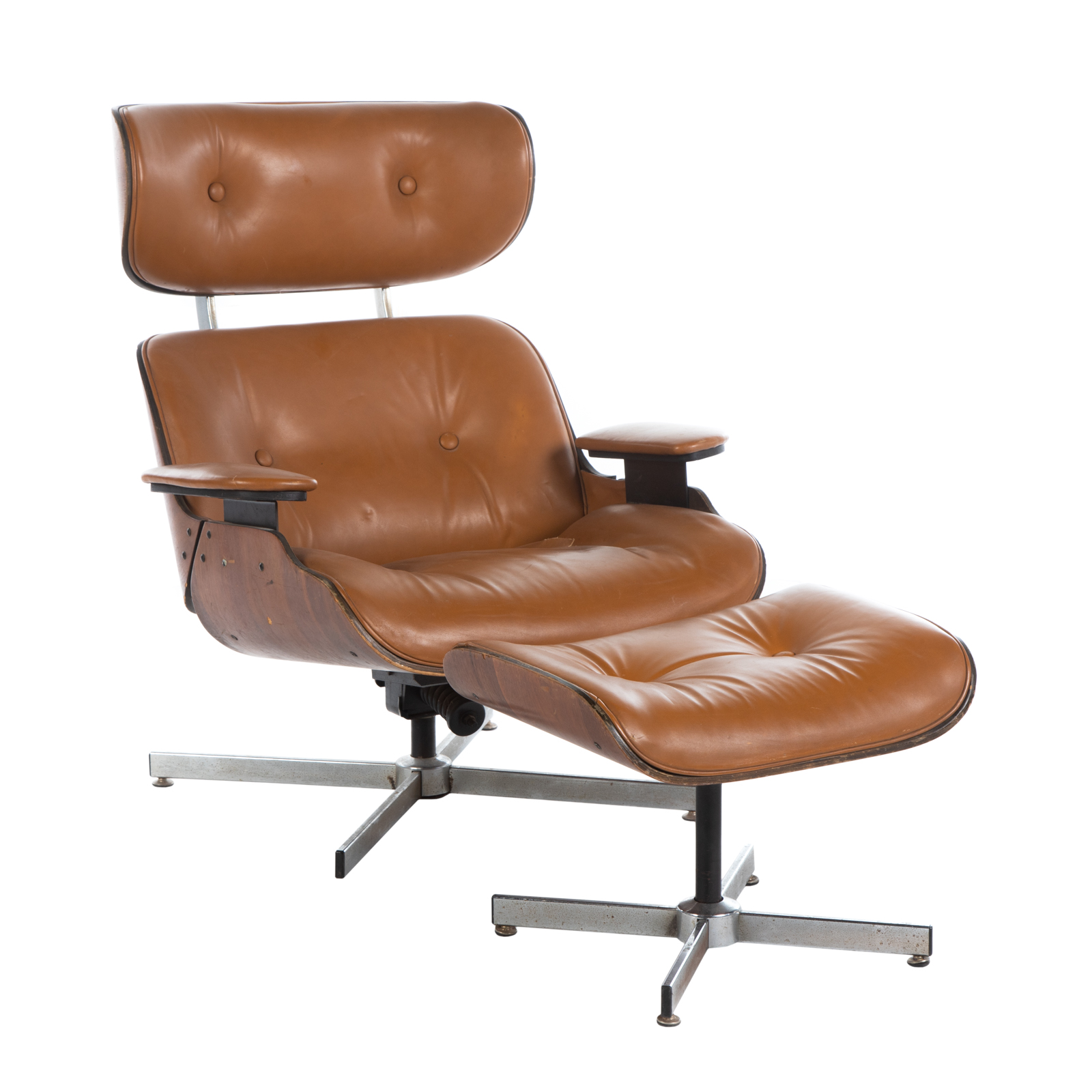 Appraisal: EAMES STYLE LEATHER CHAIR OTTOMAN Chair is in H in