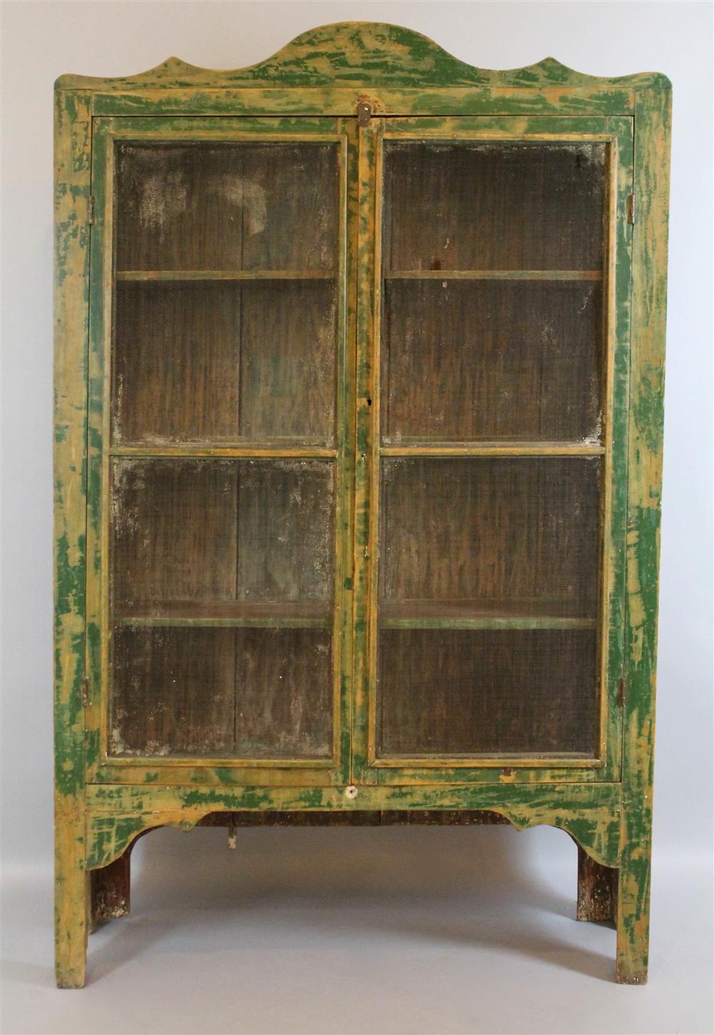 Appraisal: GREEN PAINTED PIE SAFE having a scrolling pediment over screen