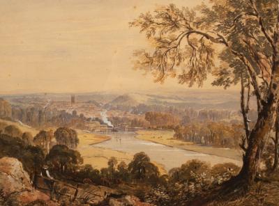 Appraisal: th Century English School River Landscape with Distant Town signature