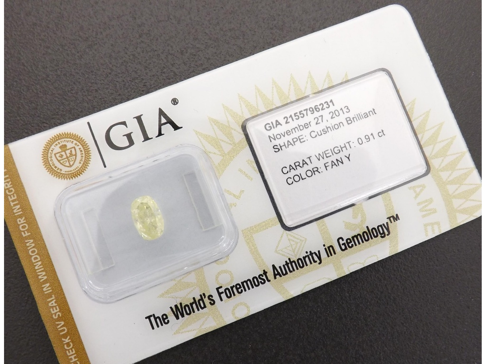 Appraisal: GIA certified natural fancy yellow diamond cushion brilliant ct dated