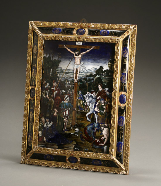 Appraisal: Limoges Enamel and Giltwood Panel of the Crucifixion After Nardon