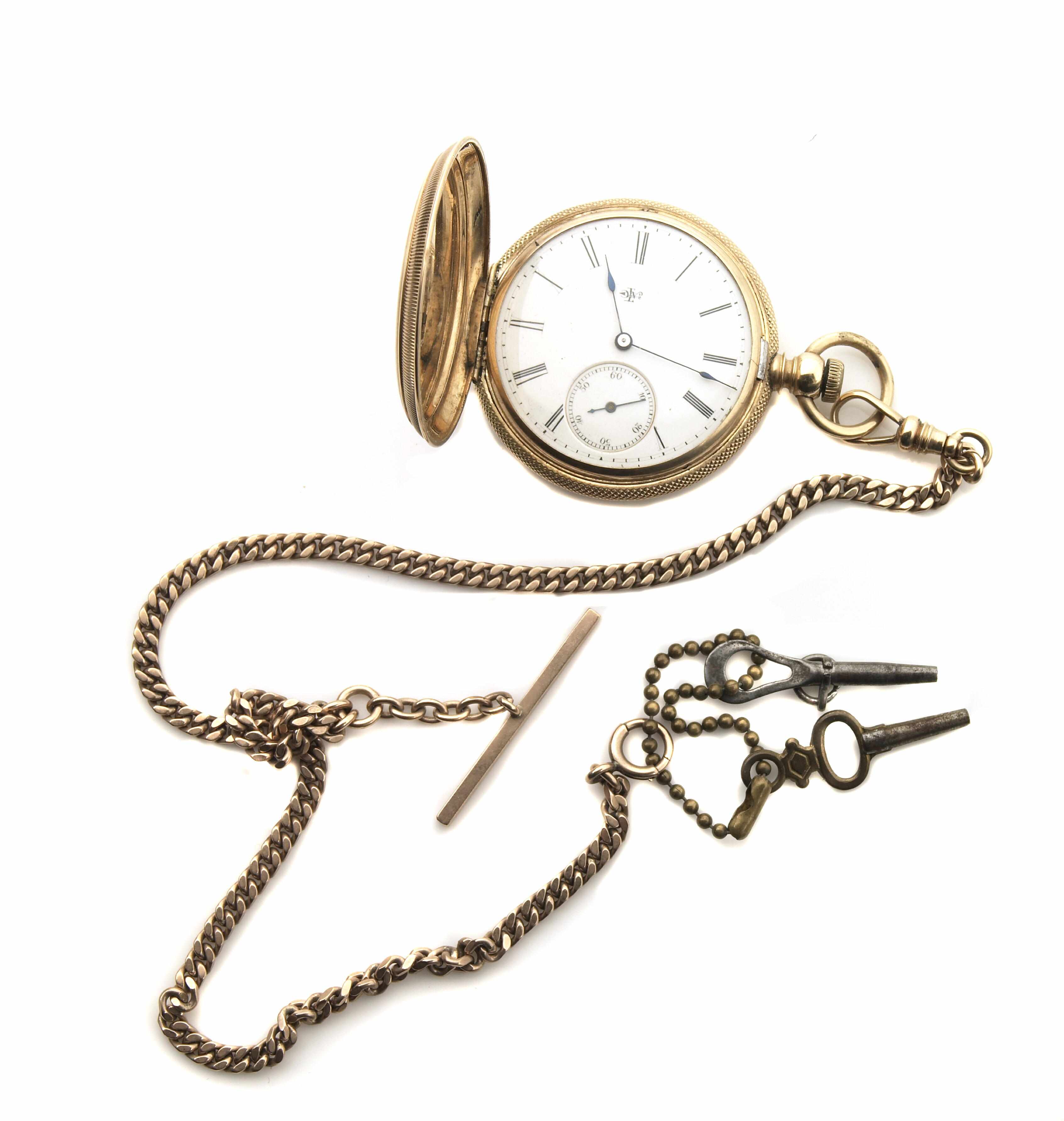 Appraisal: A k gold pocketwatch with gold-filled chain and metal keys