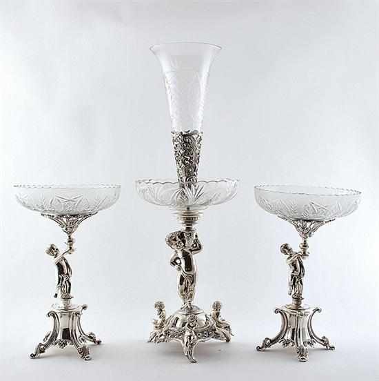 Appraisal: Silverplate and glass centerpiece suite comprising three pieces trumpet-form vase