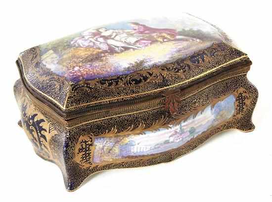 Appraisal: Sevres style painted porcelain oversized box extensive romantic scene hand-painted