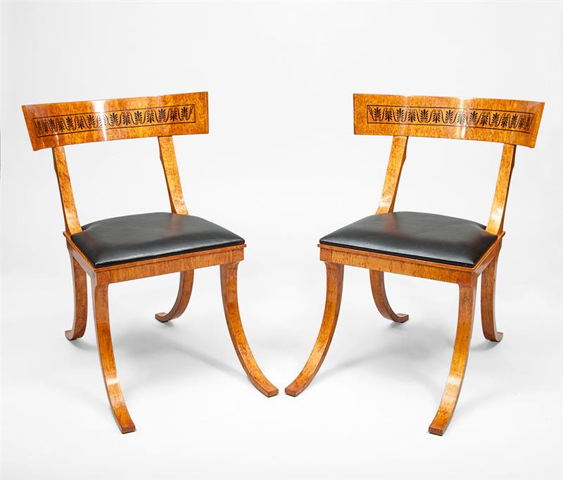 Appraisal: Pair of Russian Neoclassical Style Inlaid Karelian Birch Klismos Chairs