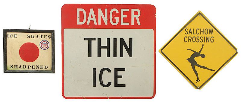 Appraisal: Three Ice Skating Related Signs late th century painted yellow