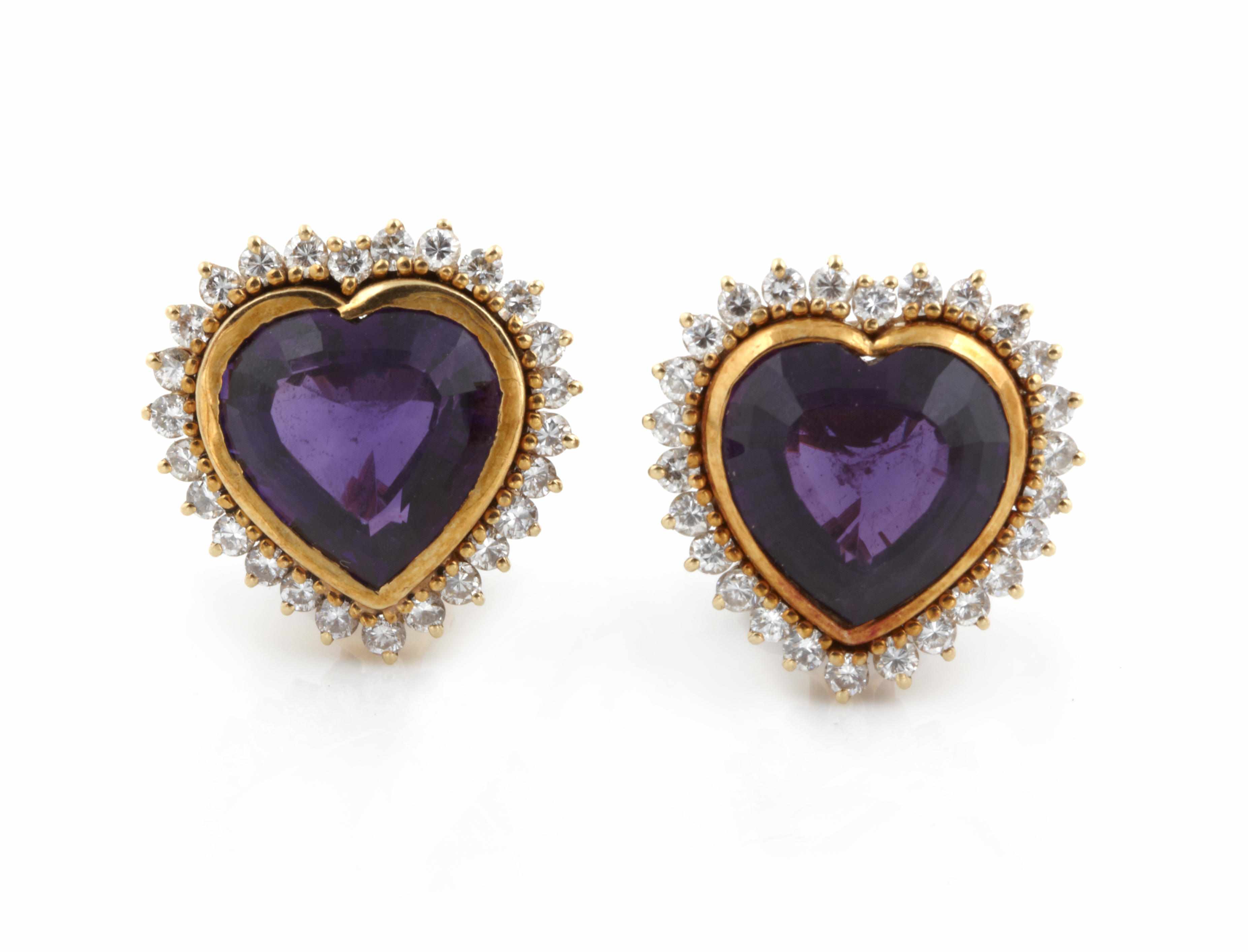 Appraisal: A pair of amethyst diamond and k gold heart earrings