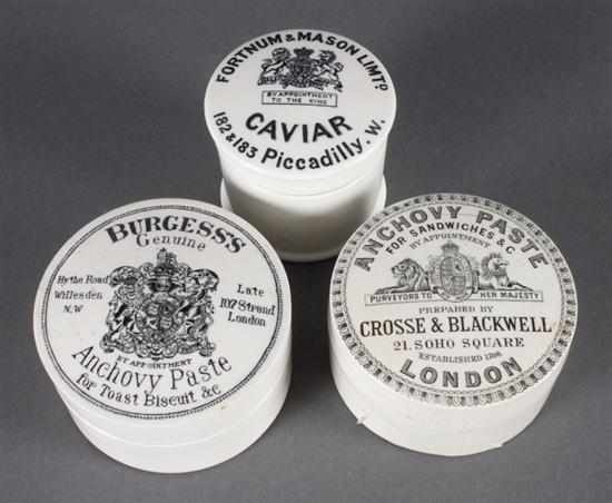 Appraisal: Three Victorian black transfer porcelain fish paste and caviar jars