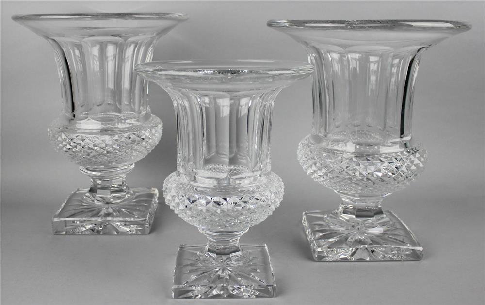 Appraisal: THREE ST LOUIS GLASS CAMPAGNA URNS stenciled mark in graduated