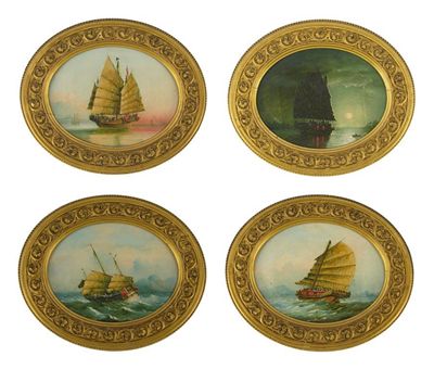 Appraisal: Four oval oil paintings on canvas of Chinese junks cm