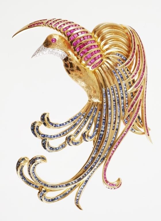 Appraisal: Elegant bird of paradise brooch with diamonds rubies and sapphires