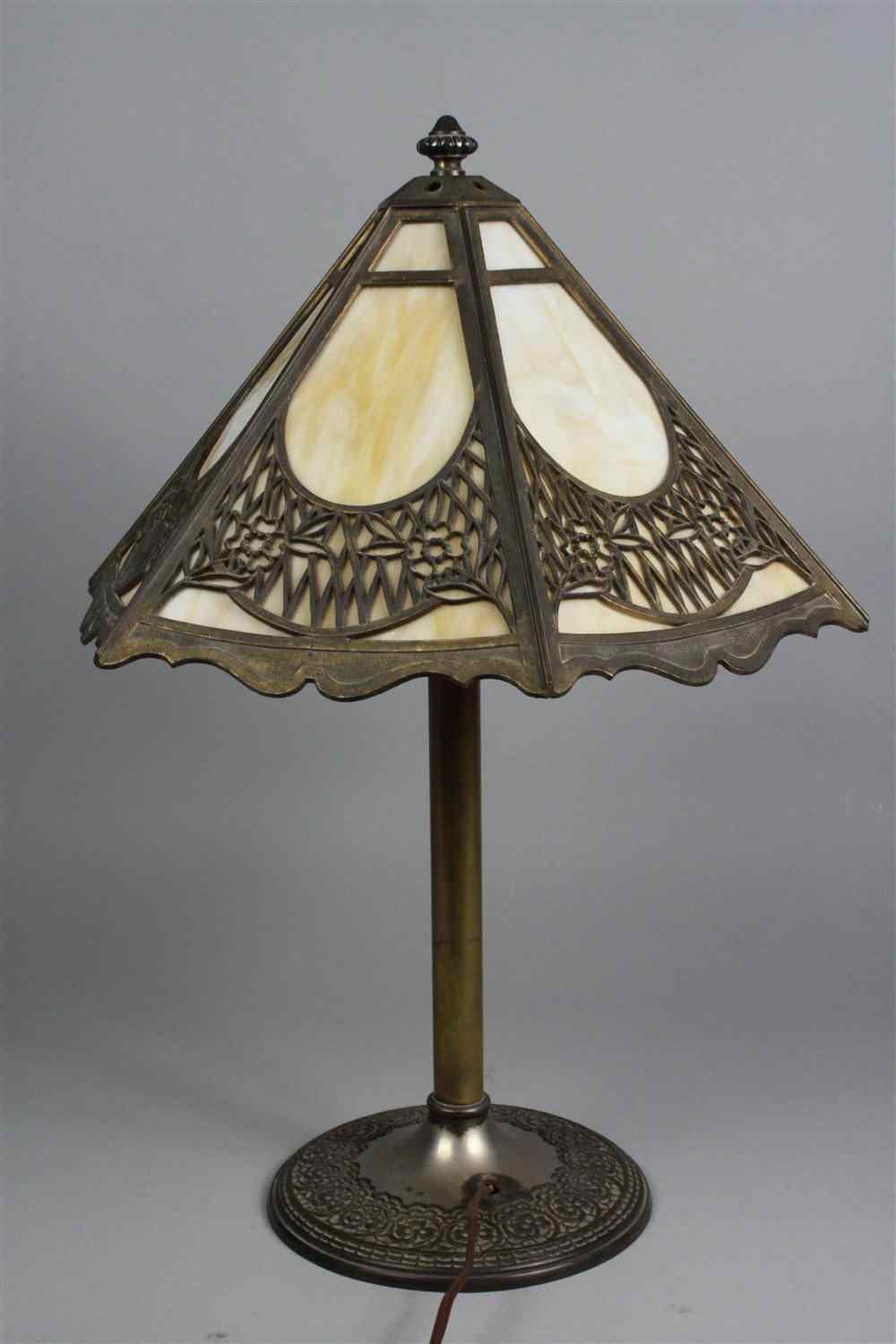 Appraisal: BRADLEY HUBBARD SILVERED BRONZE AND SLAG GLASS TABLE LAMP molded