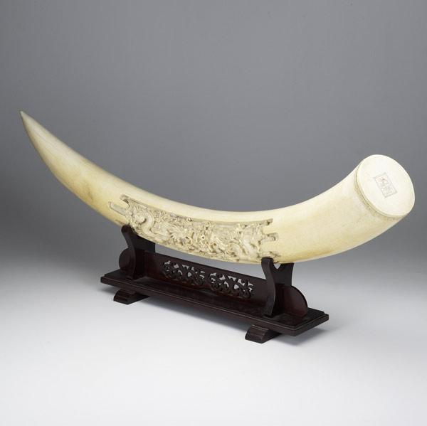 Appraisal: Large elephant ivory tusk th C Carved in relief with