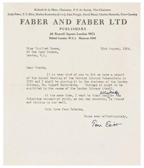 Appraisal: ELIOT T S Typed letter signed to Miss Winifred Myers