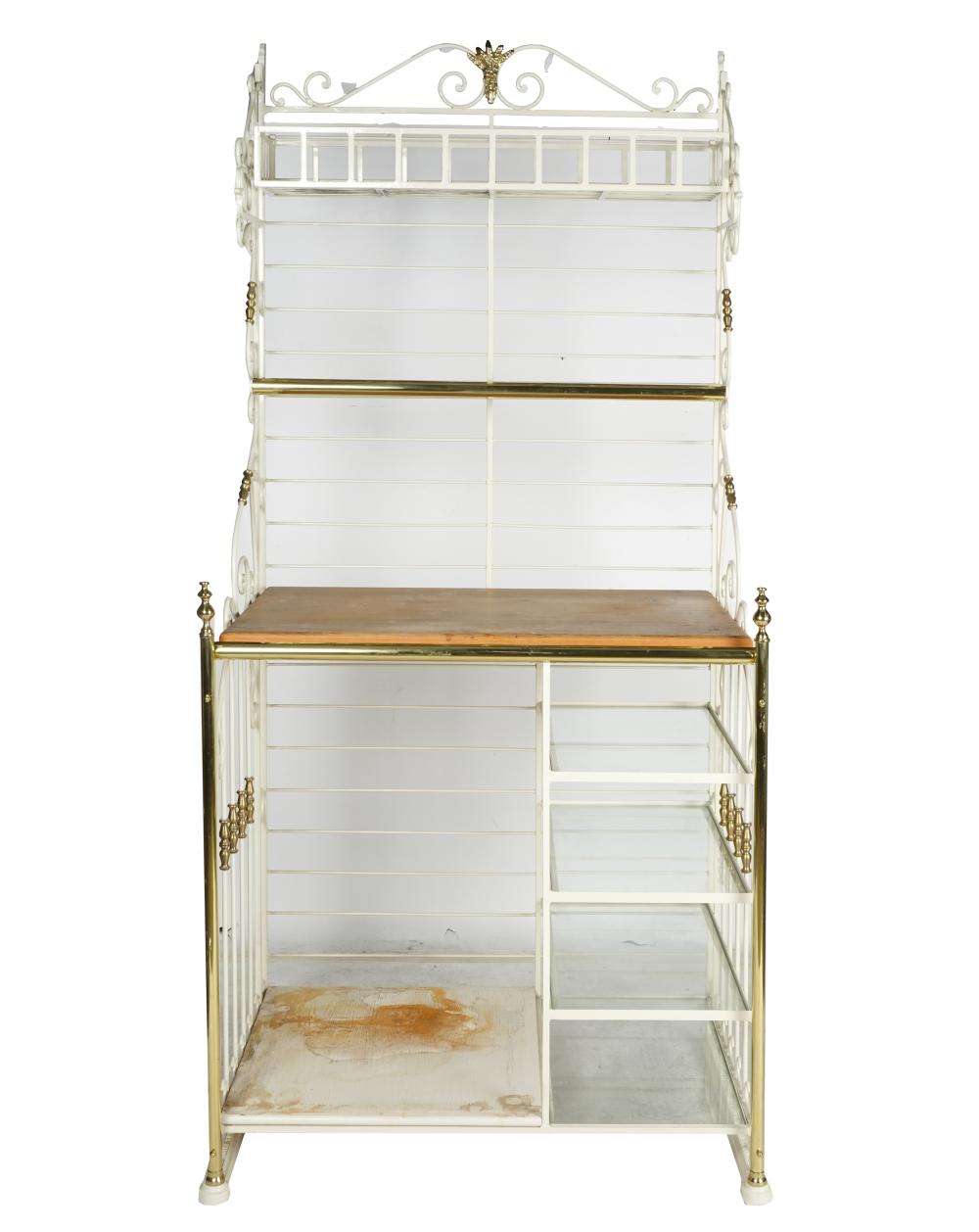 Appraisal: WHITE-PAINTED GILT METAL BAKERS RACKwith four glass shelves and wooden