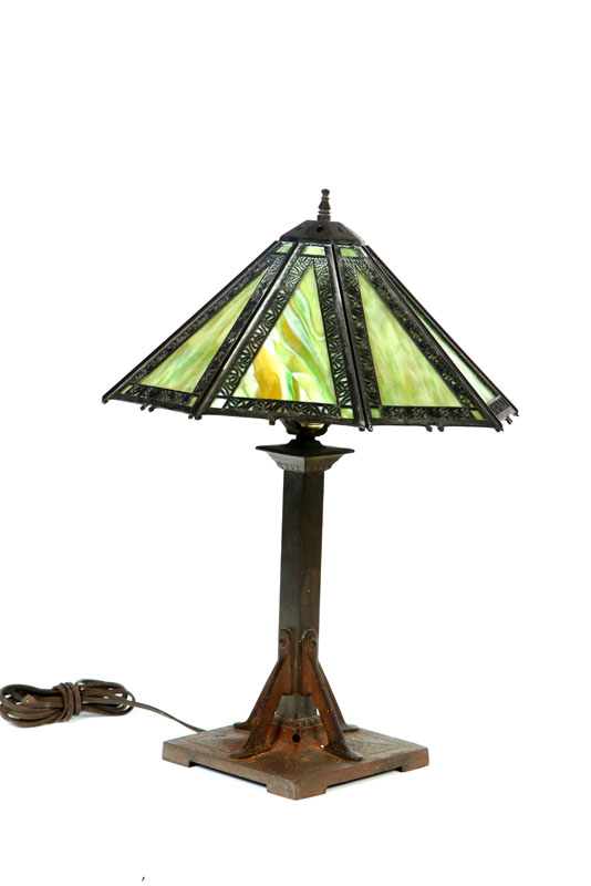 Appraisal: TABLE LAMP American early th century Bronze base with green