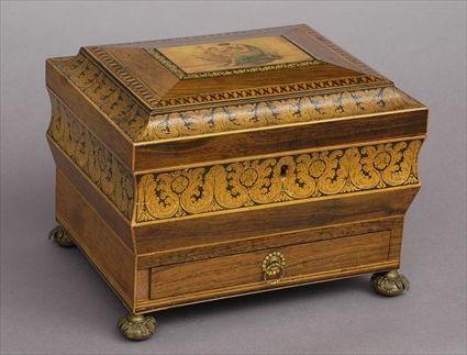 Appraisal: REGENCY PENWORK PAINTED AND INLAID ROSEWOOD WORK BOX The flattened