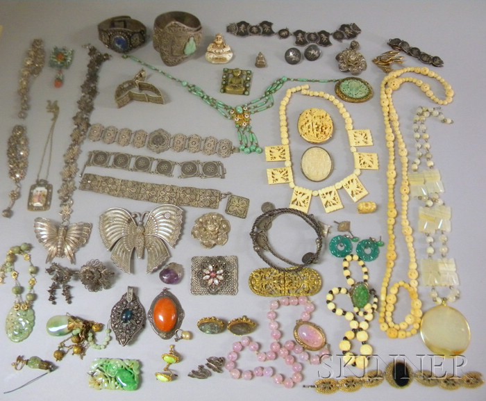 Appraisal: Group of Asian and Silver Jewelry including jade carved beads