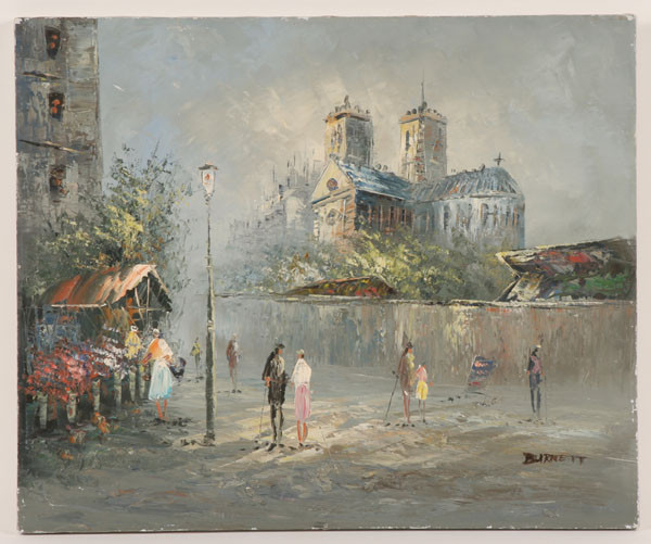 Appraisal: Burnett th Century Paris street scene with Notre Dame oil