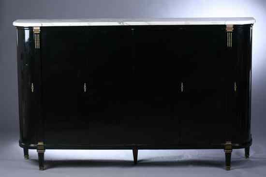 Appraisal: ART DECO BLACK-LACQUERED CREDENZA Demilune white marble top above two