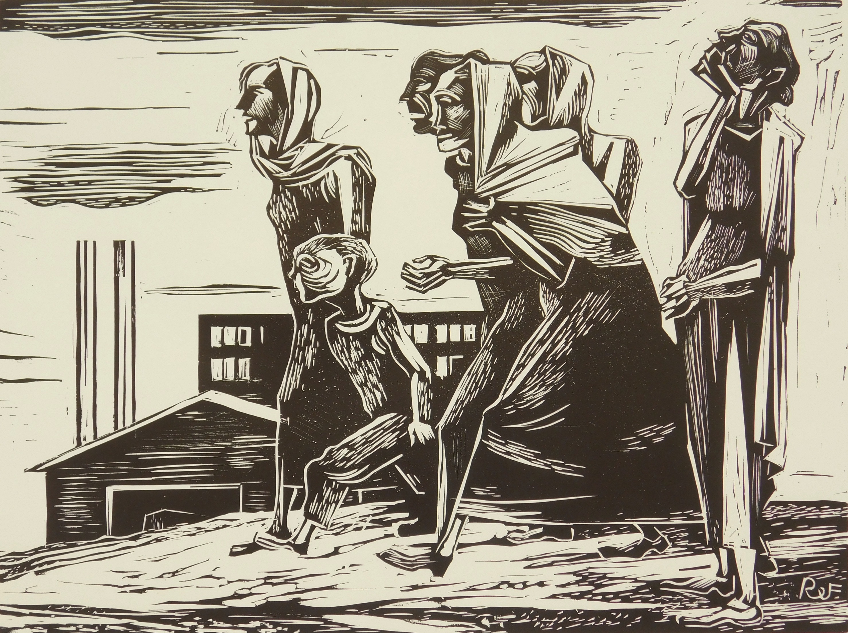 Appraisal: Anton Refregier - Refugees'' Mine Disaster- woodcut ca 's x