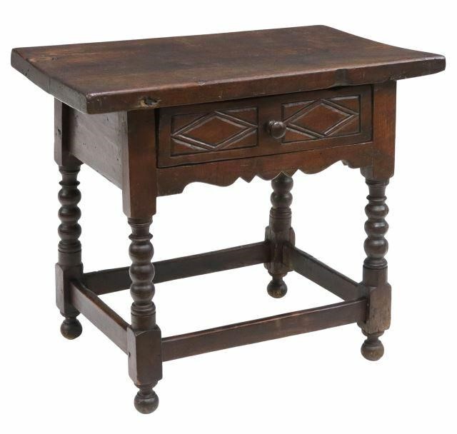 Appraisal: Spanish Baroque walnut work table th c single-board top over