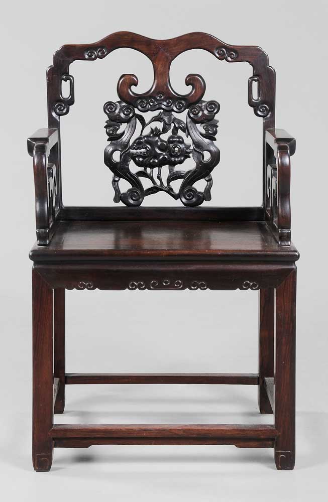 Appraisal: Carved Rosewood Open-Arm Chair Chinese rosewood and mahogany with tenon