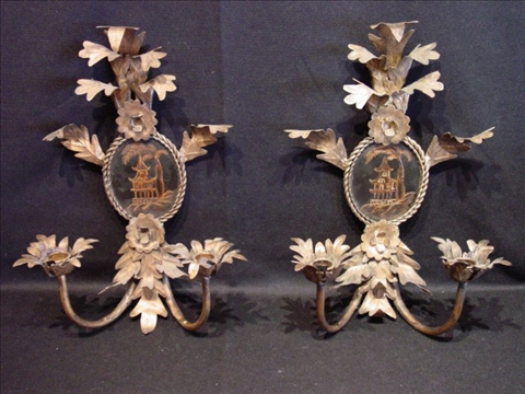 Appraisal: PAIR OF CHINOISERIE METAL SCONCES WITH PAINTED PAGODAS