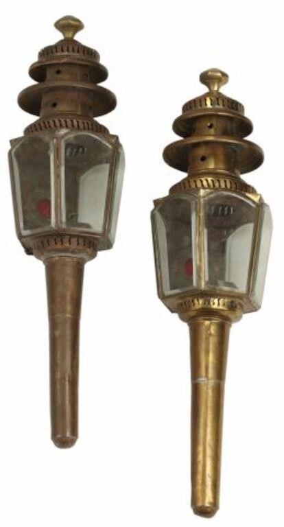 Appraisal: pair Brass carriage lanterns lamps beveled glass insets approx h