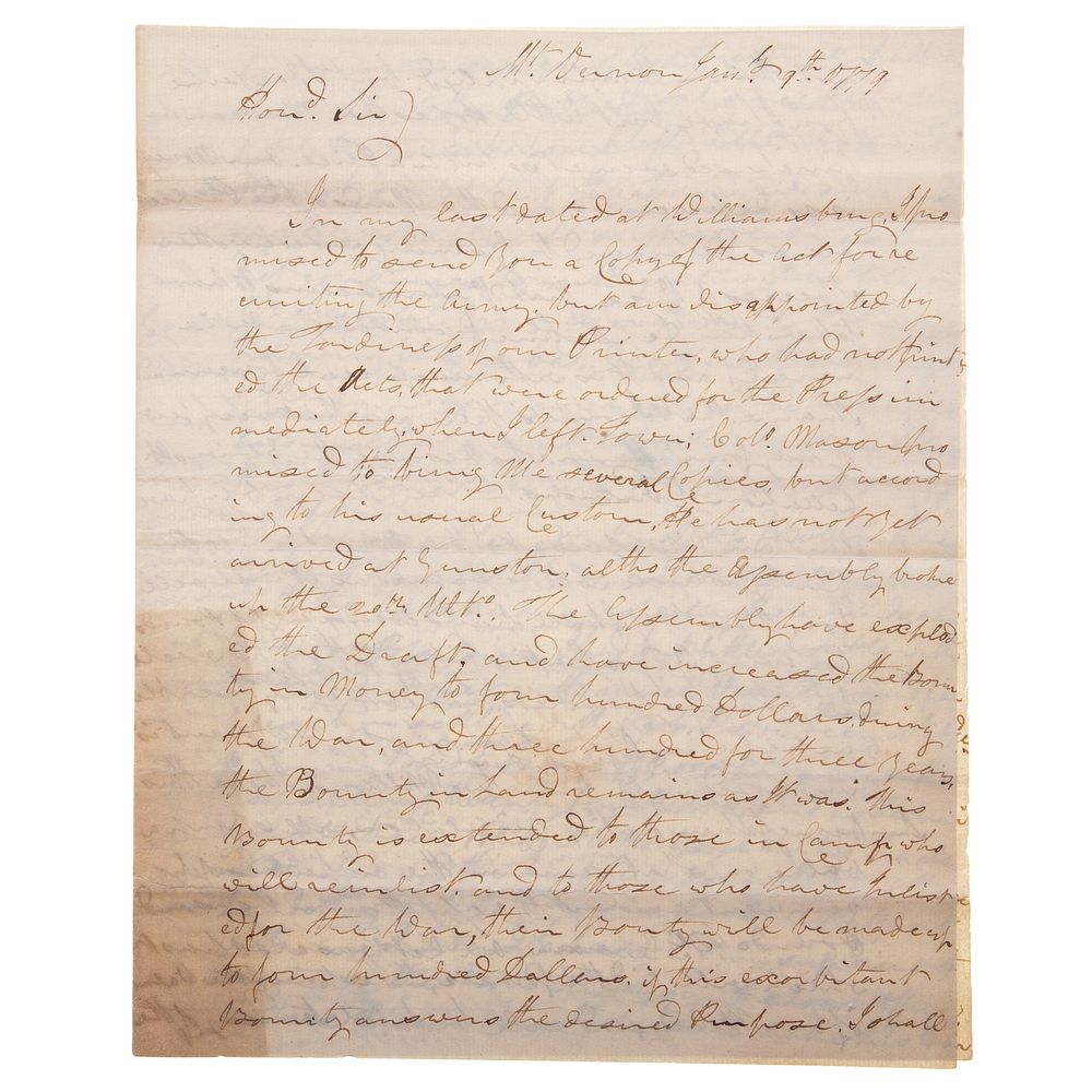 Appraisal: Letter from J P Custis to G Washington John Parke