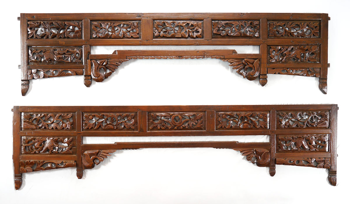 Appraisal: TWO BALINESE OPEN CARVED PELMETS Believed to be cornice panels