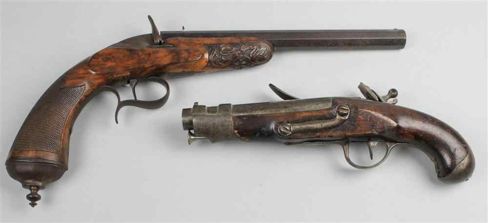 Appraisal: TWO ANTIQUE PISTOLS one possibly French in the Flobert style