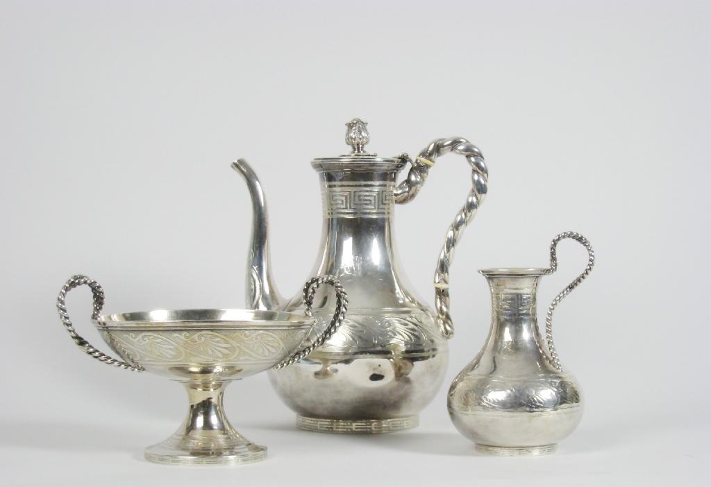 Appraisal: A Victorian three piece Tea Service engraved Greek key and