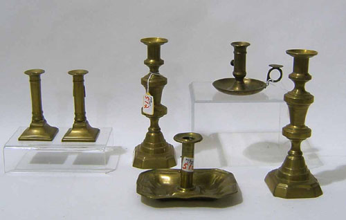 Appraisal: Two pair of brass candlesticks together with chambersticks th c