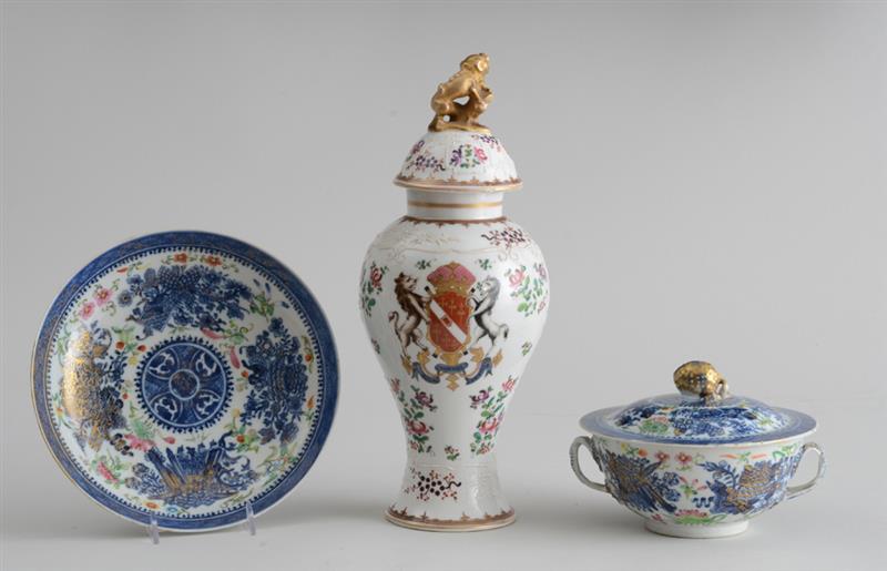 Appraisal: CHINESE POLYCHROME-DECORATED BLUE AND WHITE TWO-HANDLED CUP COVER AND STAND