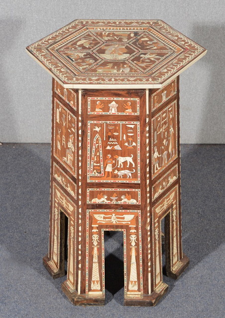 Appraisal: AN EGYPTIAN MARQUETRY MOTHER OF PEARL AND BONE INLAID HEXAGONAL