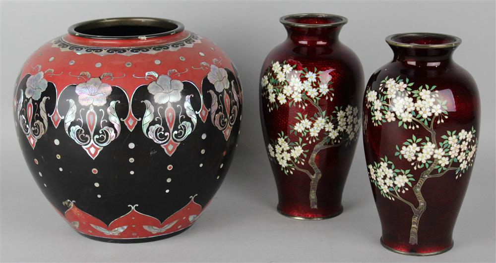 Appraisal: PAIR OF JAPANESE GINBARI CLOISONNE ENAMEL VASES of baluster form