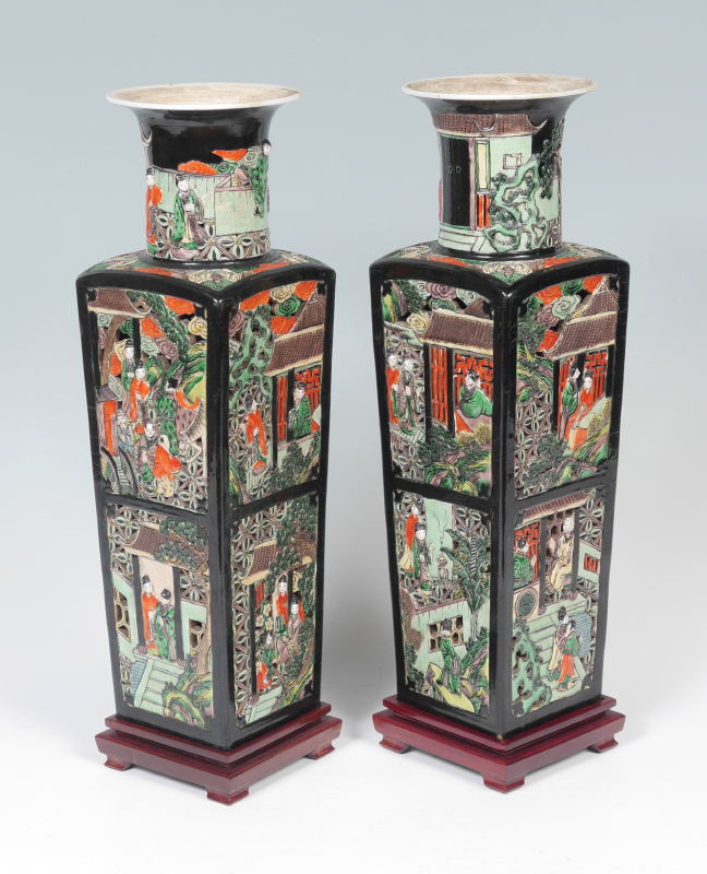 Appraisal: PAIR CHINESE FAMILLE NOIR RETICULATED VASES Flared rim with round