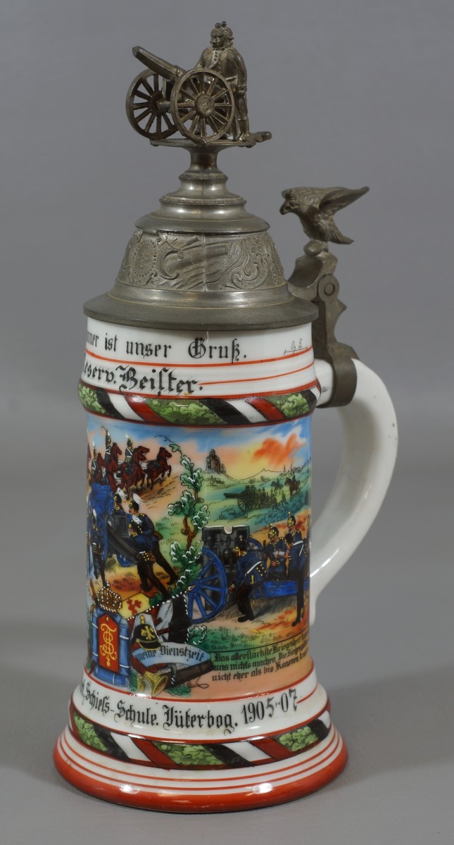 Appraisal: German Regimental Stein top with cannon and crowned bird thumb