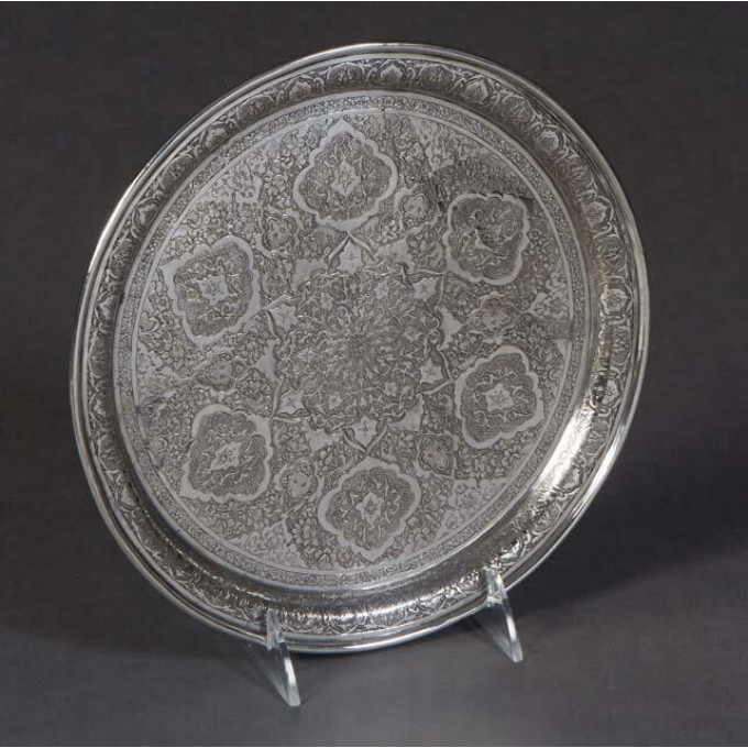 Appraisal: Fine Persian Silver Engraved Tray early th c with intricate