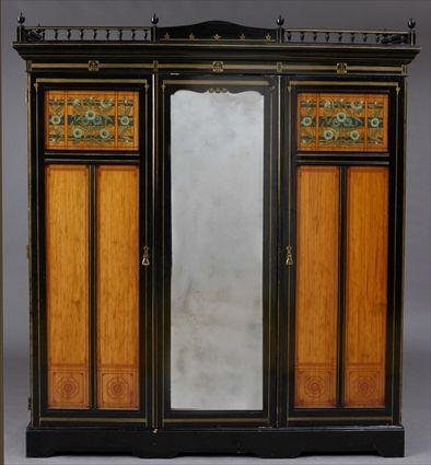 Appraisal: ENGLISH AESTHETIC MOVEMENT EBONIZED AND PAINTED WARDROBE Possibly William Watt