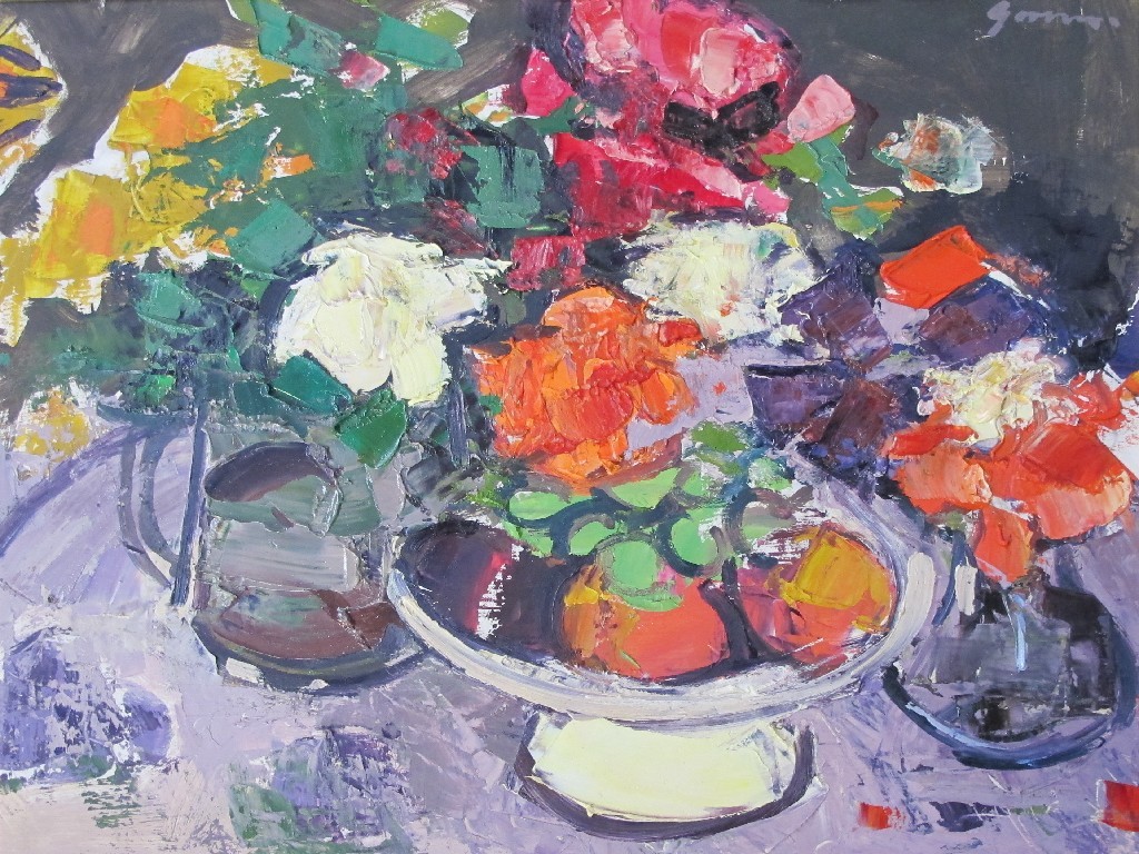 Appraisal: DES GORMAN b MIXED FRUIT AND FLOWERS Oil on gesso