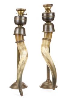 Appraisal: Unusual Pair of Brass Mounted Horn Gas Lamps An unusual