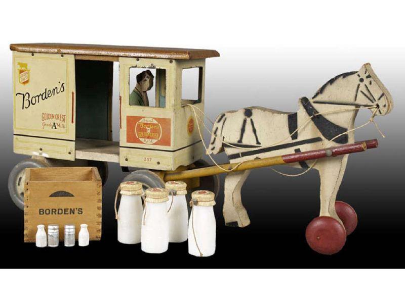 Appraisal: Rich Toys Wood Bordens Horse-Drawn Milk Wagon Toy Description ''