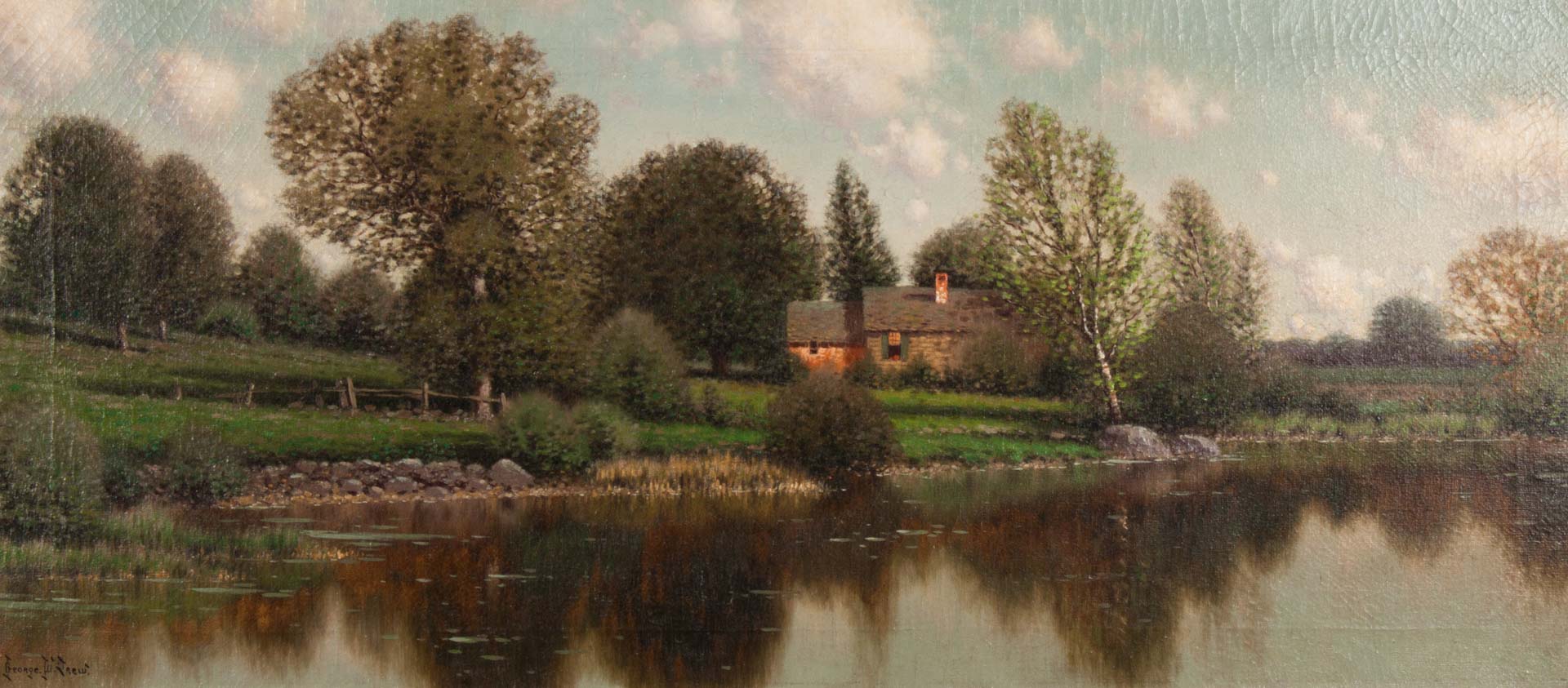 Appraisal: George W Drew Lakeside Cottage oil on canvas American -