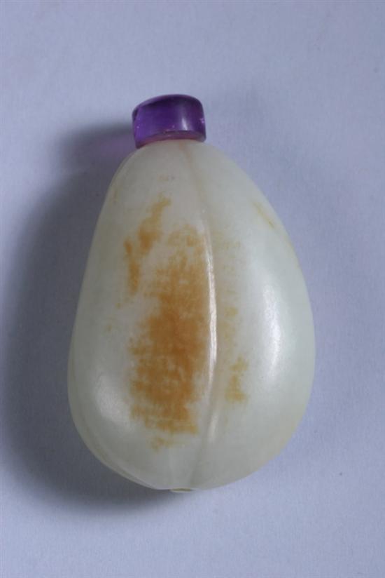 Appraisal: CHINESE CELADON JADE PEBBLE SNUFF BOTTLE Qing Dynasty Of flattened