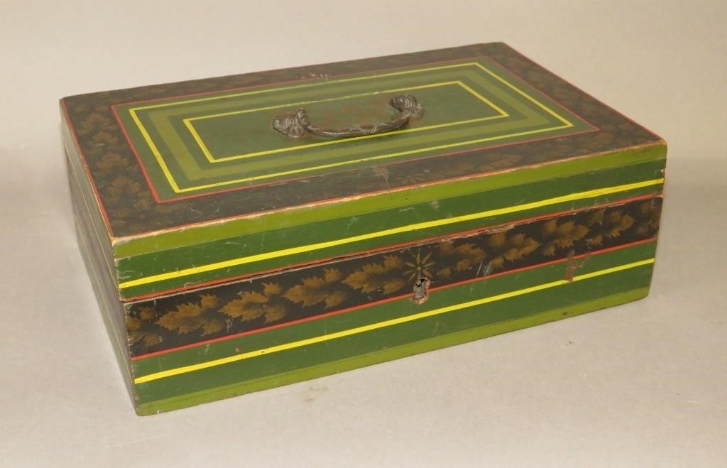 Appraisal: PAINT DECORATED HANDLED BOX ATTRIBUTED TO NEW ENGLca mid-late th