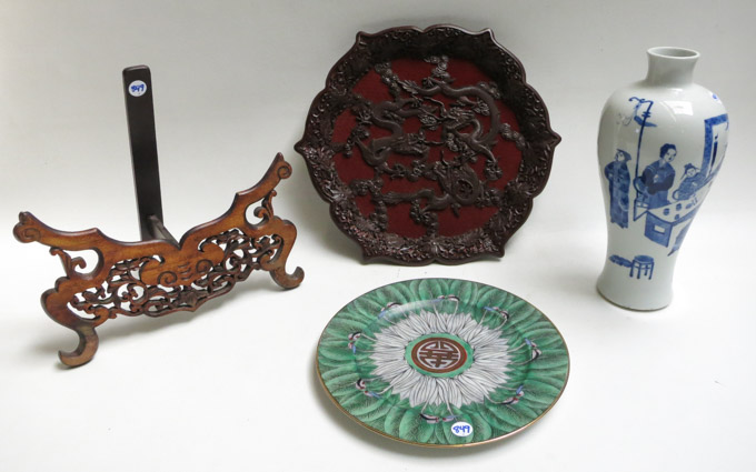 Appraisal: THREE PIECES OF CHINESE PORCELAIN AND CINNABAR style wares including